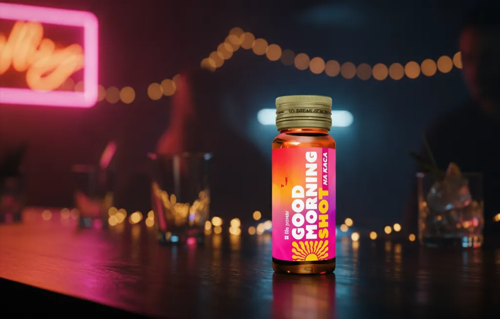 Butelka Good Morning Shot na barze nocą